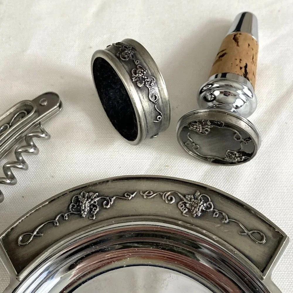 VTG 90s Grapevine Wine Accessory Set 4pc Corkscrew Stopper Drip Ring Coaster Box